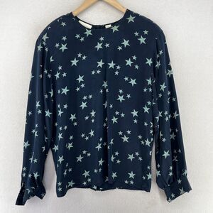 LIZ CLAIBORNE Top 12 L Silk Button Back Stars All Over Print Blue Vintage